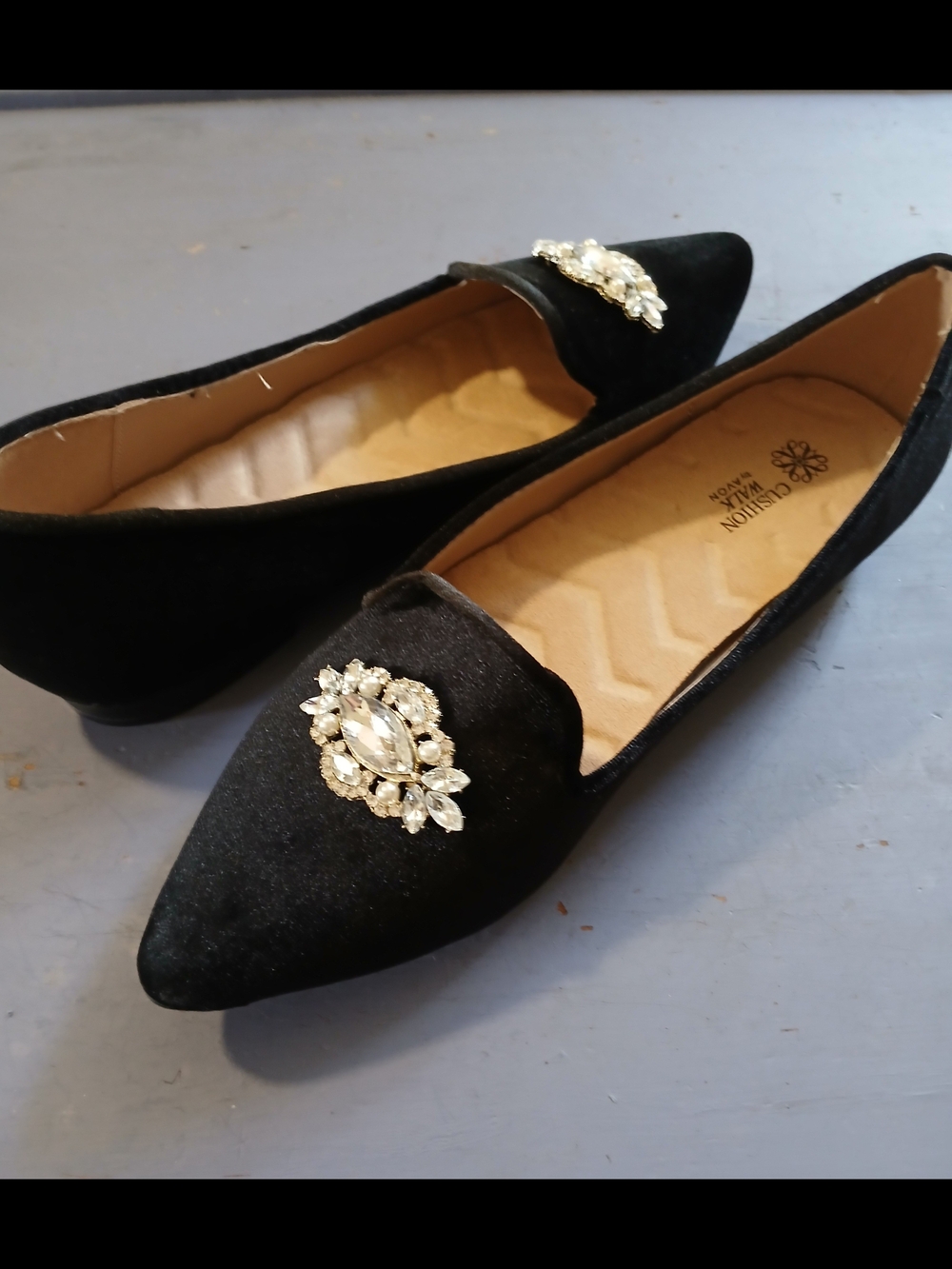 Avon Black Velvet Pointed Toe Flats with Crystal Brooch - Picture 3 of 9